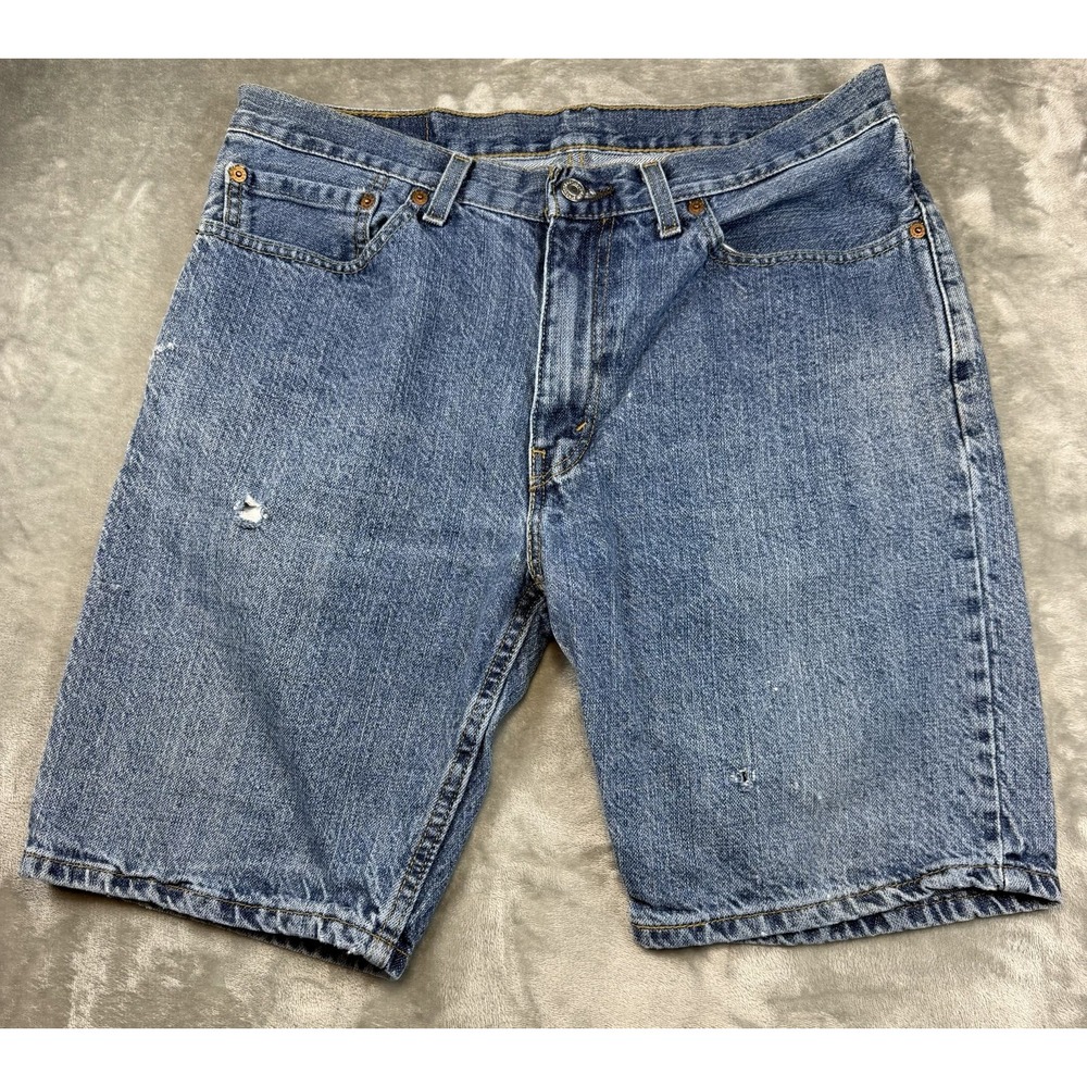 Levi's 505 Men's Denim Blue Jeans Shorts Size 34 waist/ 10 In Distressed
